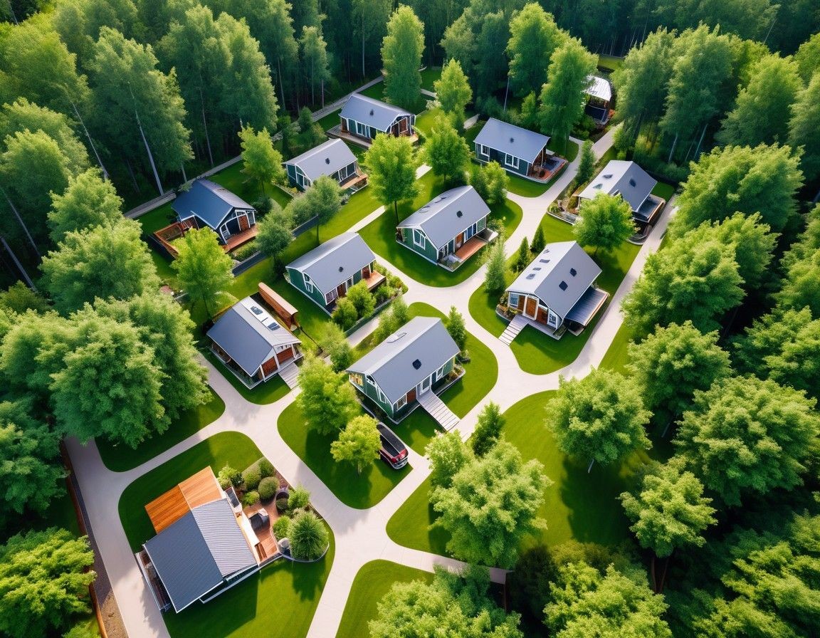 Aerial view of a modern eco-friendly residential community surrounded by lush green trees and landscaped gardens.