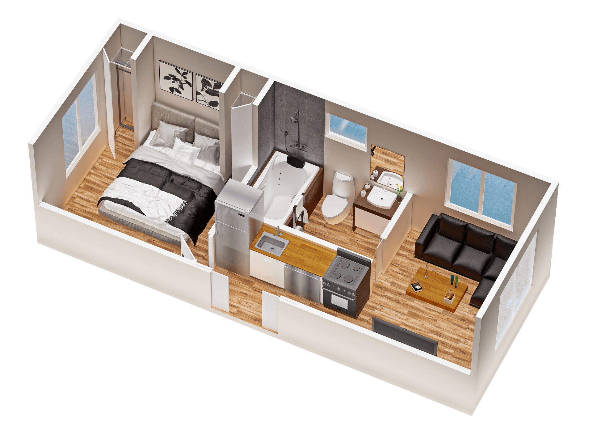 Cocoon Homes 280 Floor Plan 3D Tiny Home Rendering