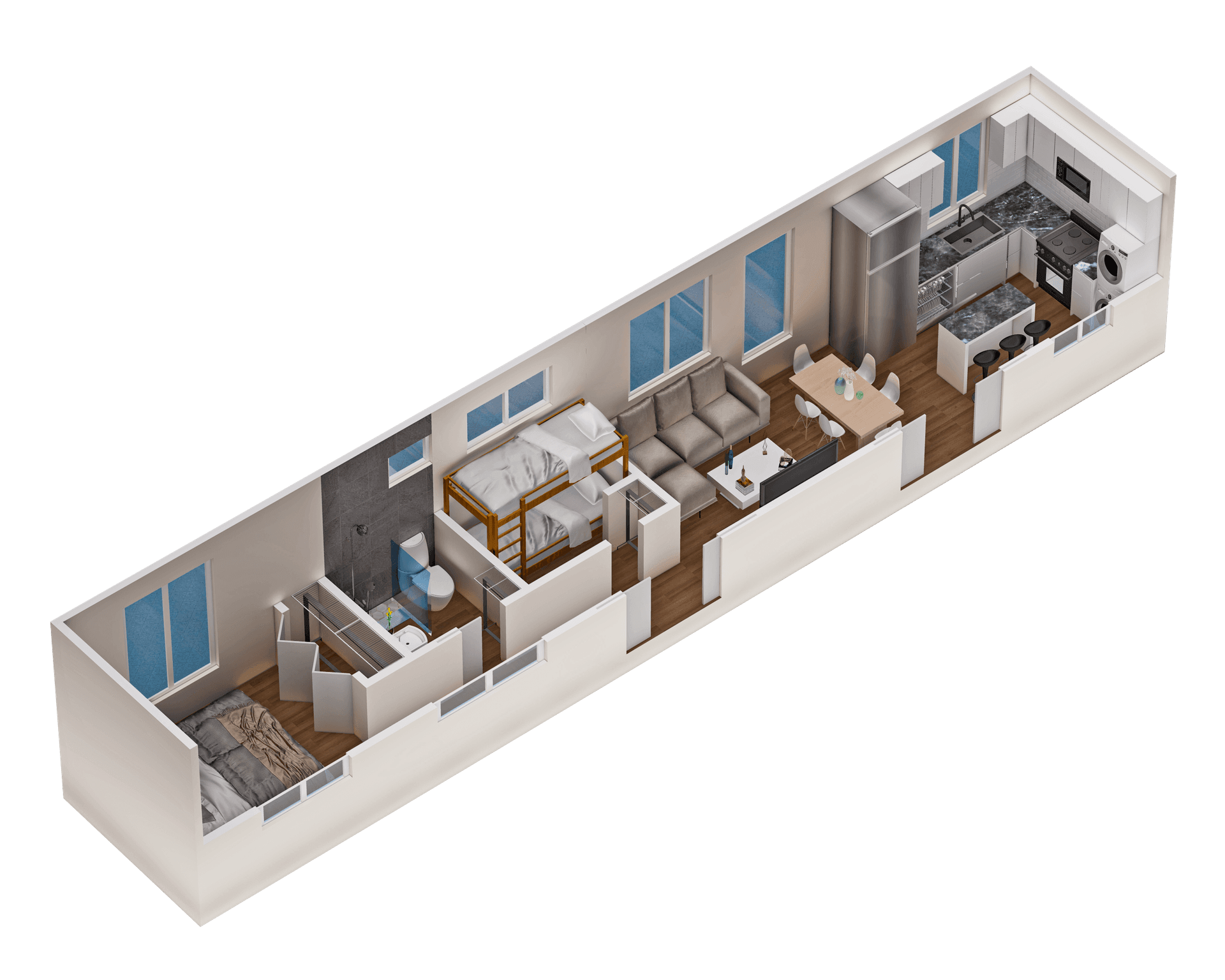 500 series tiny home 3d rendering 2 bed 1 bath extended living room, dining, and kitchen