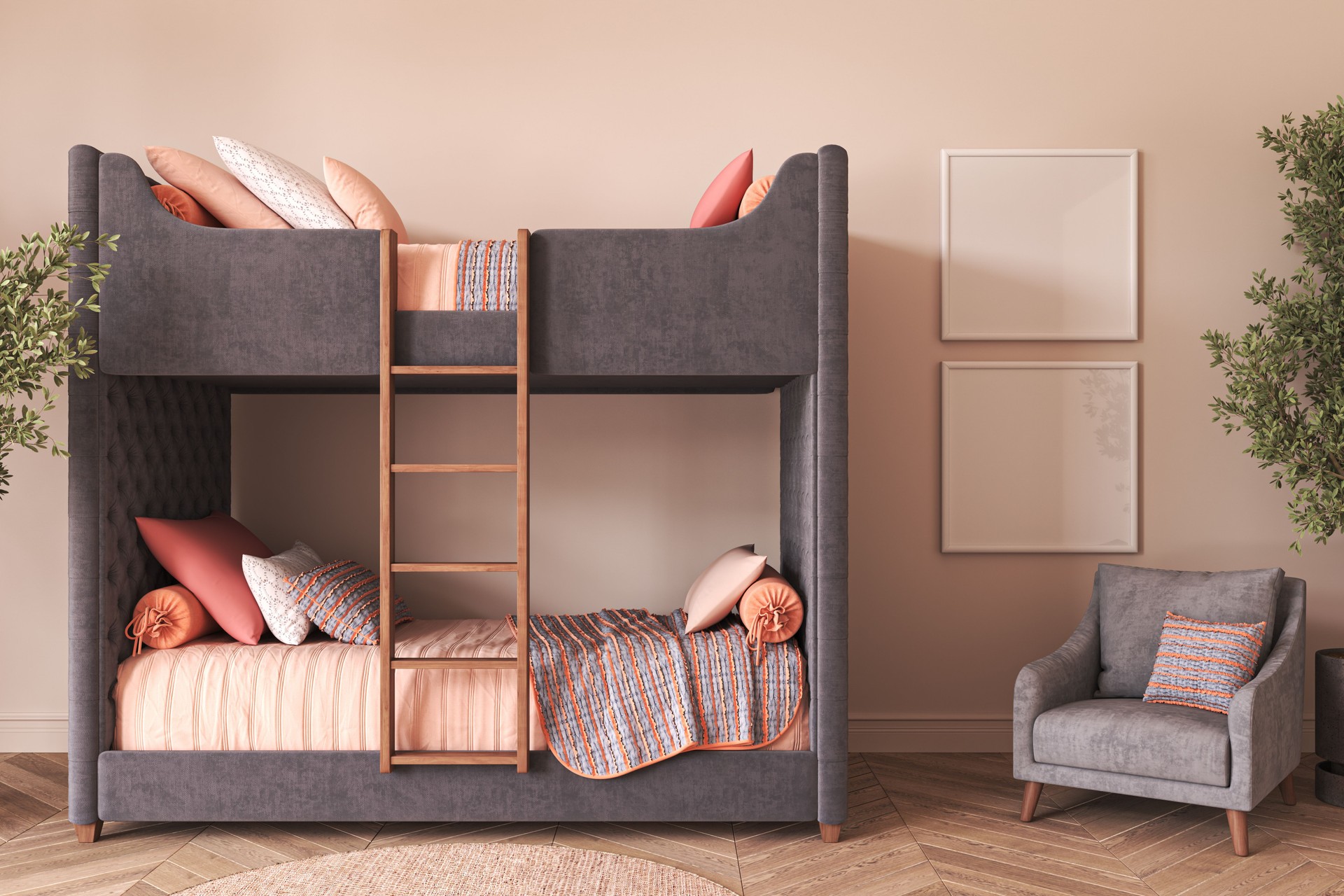 Mockup frame in children bedroom with modern classic furniture. Hamptons style. 3d render. High quality 3d illustration