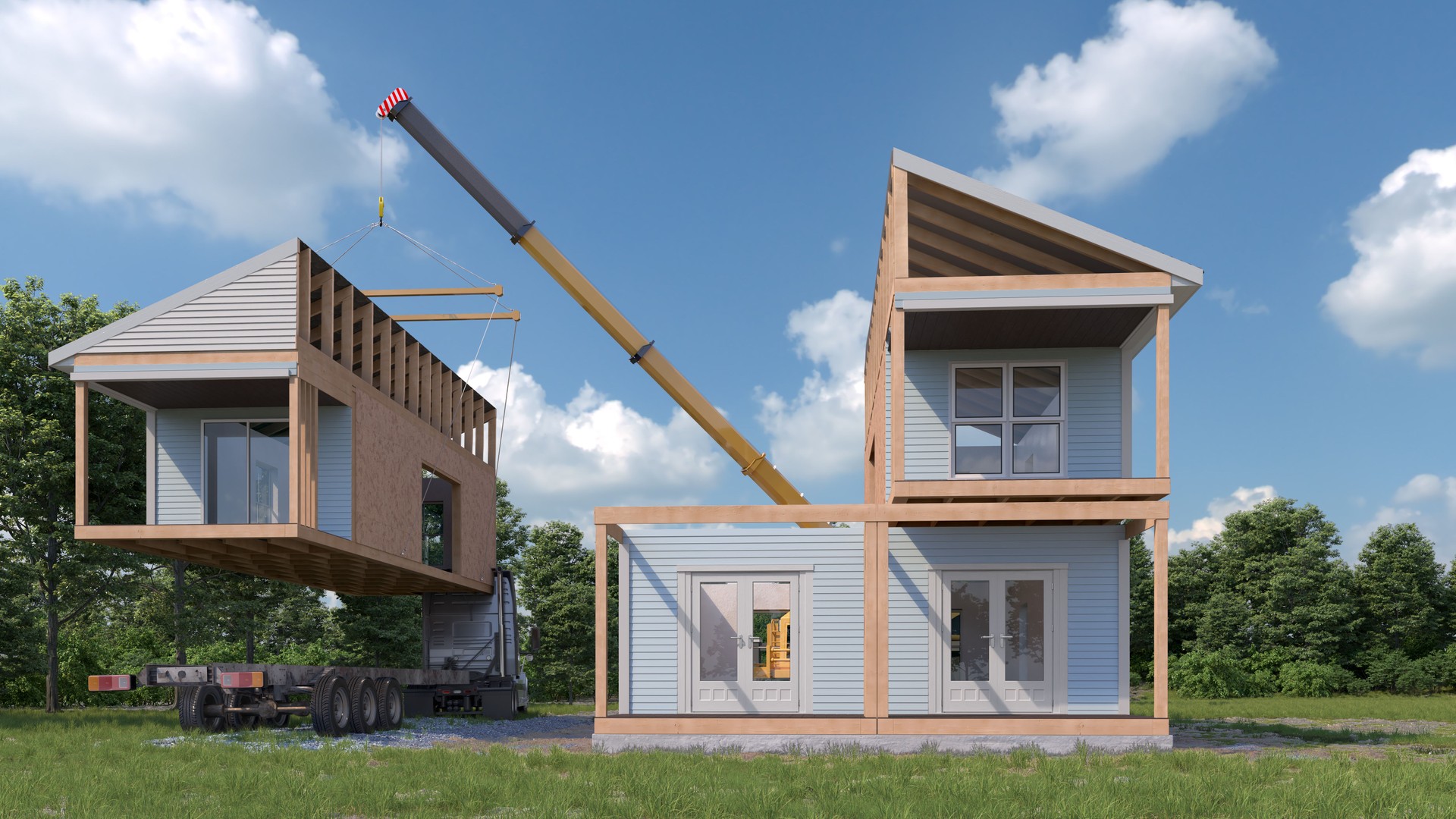 Assembling a modular house exterior. 3d illustration